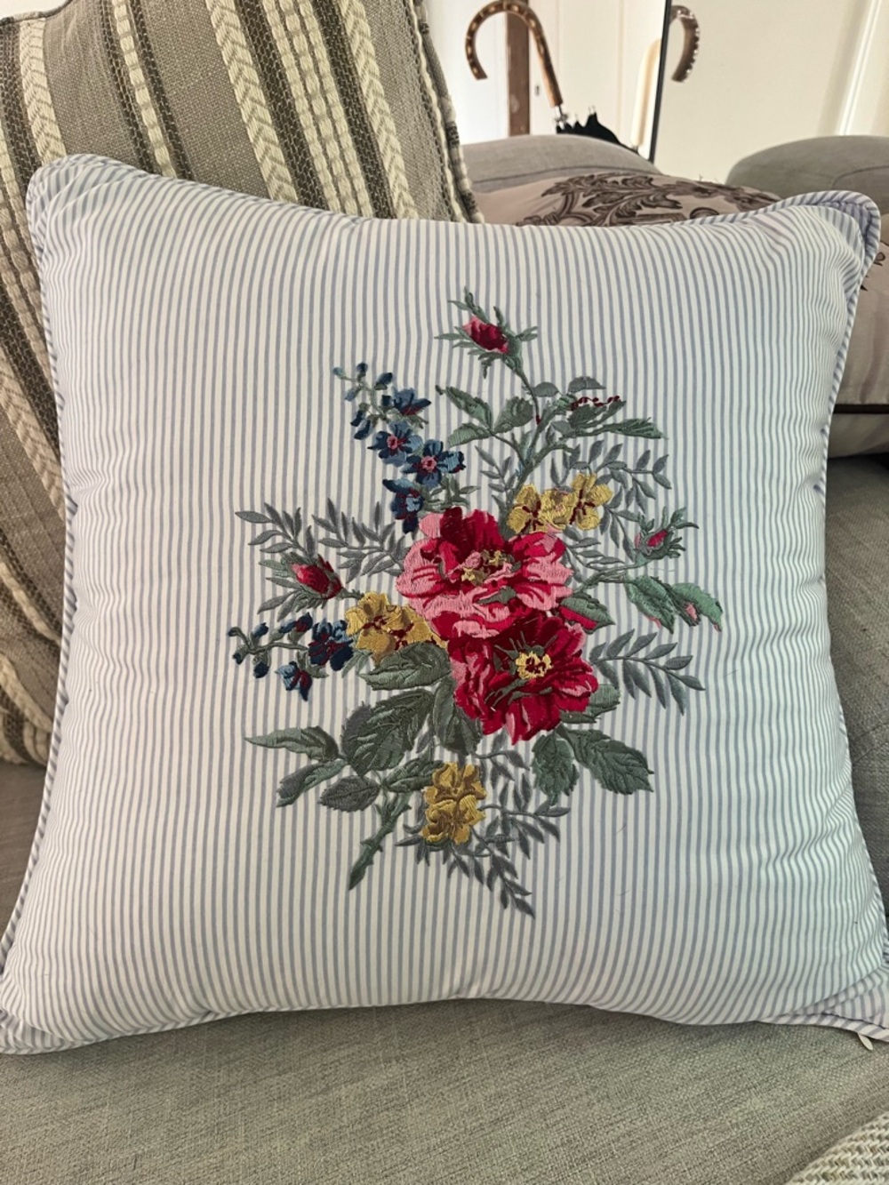 CHAPS 100% cotton Floral Embroidered Striped Throw Pillow - Red & Yellow Flowers